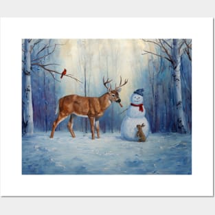 Funny Deer Eating Carrot Nose of Christmas Snowman Posters and Art